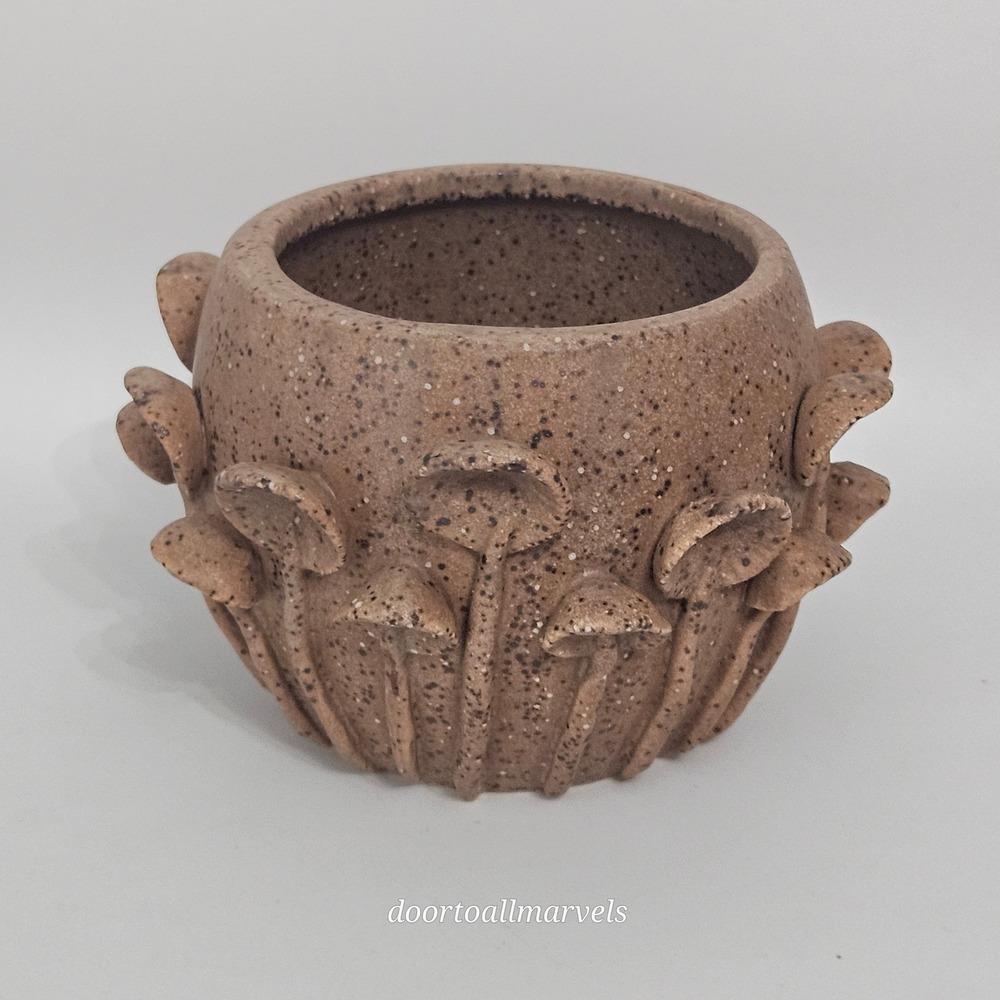 Mushroom Forest Ceramic Planter Pot Cottage Fairy Garden 3.5" Speckled Brown